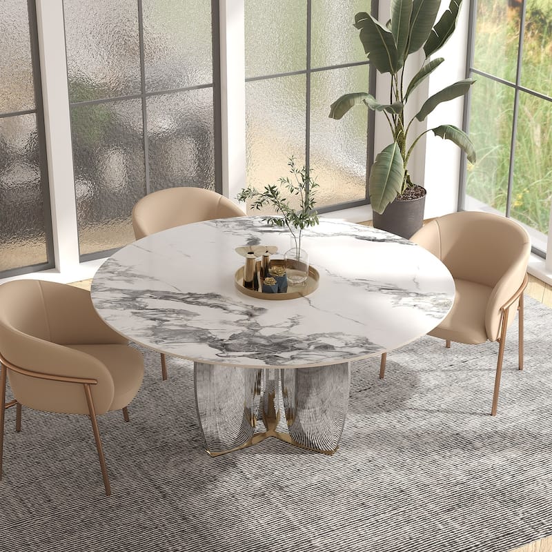 Modern Round Rock Slabs Stainless Steel Mirror Pedestal Dining Table