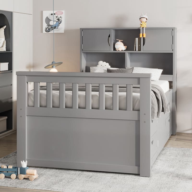 Twin Size Captain Platform Bed Frame with Storage Bookcases and Shelves - Grey