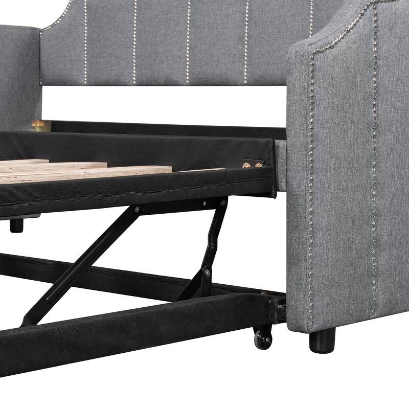 Twin Size Upholstered Daybed with Pop-Up Trundle & USB Charging Ports