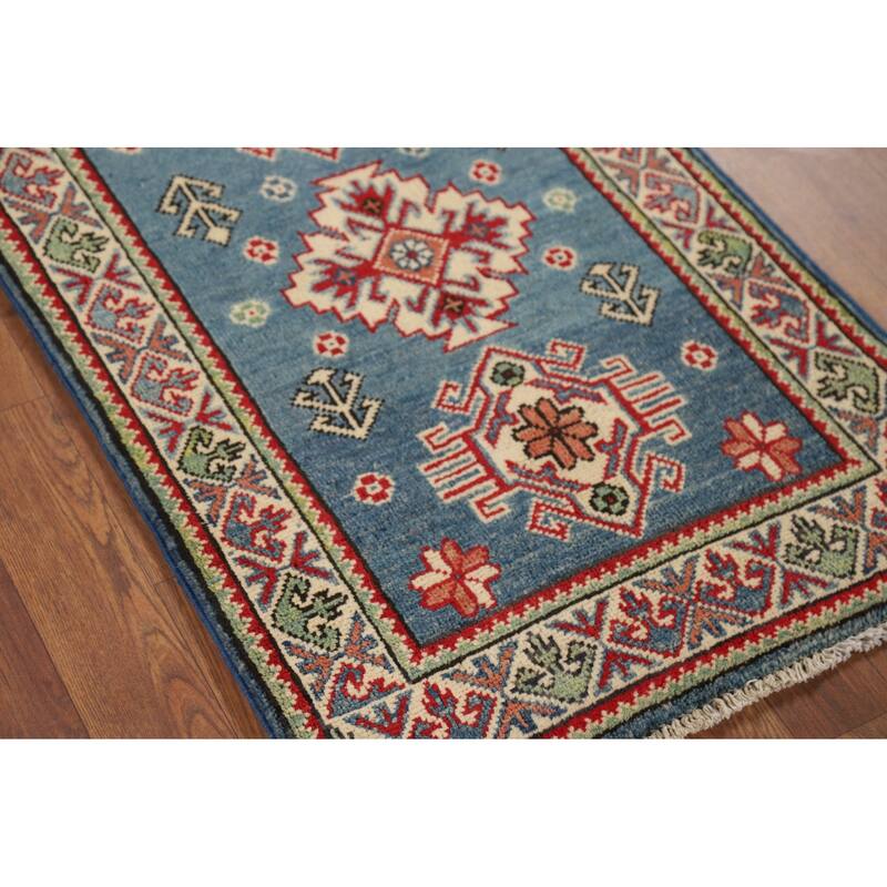 Hand Knotted Oriental 100% Wool Carpet Traditional Geometric Navy Blue & Blues Kazak Area Rug - 3' 3'' X 1' 11''