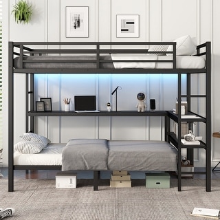 Multiple Placement Bunk Bed with Desk,Shelves,LED and USB,Full XL Over Twin