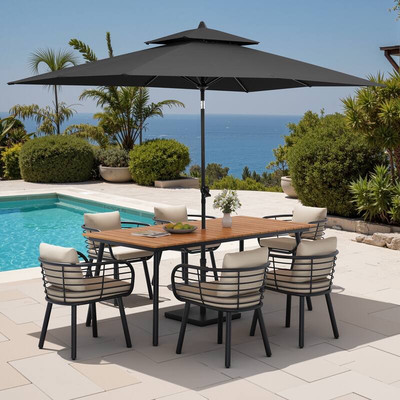 9PC Outdoor Patio Dining Set Aluminum Table with Sunbrella Cushion Chairs w/ Market Umbrella Sets - BrownTable&CabChairs&BlackUmbrella