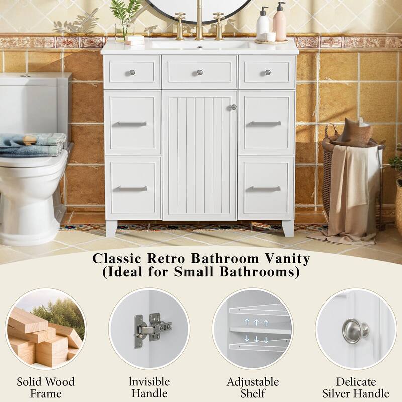 36" Bathroom Vanity with Ceramic Sink, Blue, Solid Wood Frame, Soft-Close Doors, Adjustable Shelves