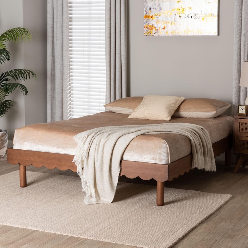 Orianthe Wood Platform Bed Frame with Scalloped Design - Low Profile with Round Legs, Modern Minimalist Furniture, Queen Size