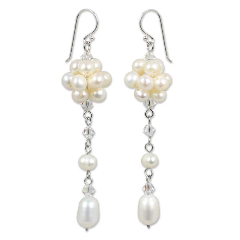 NOVICA Offer of Grace White Freshwater Pearls with Crystal Accents on 925 Sterling Silver Hooks Womens Long Dangle Earrings - White - 3-3.5 MM - White - White