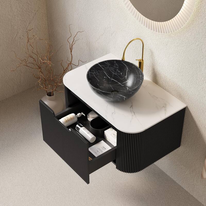 Wall Mounted Bathroom Vanity with Black Bowl Ceramic Basin