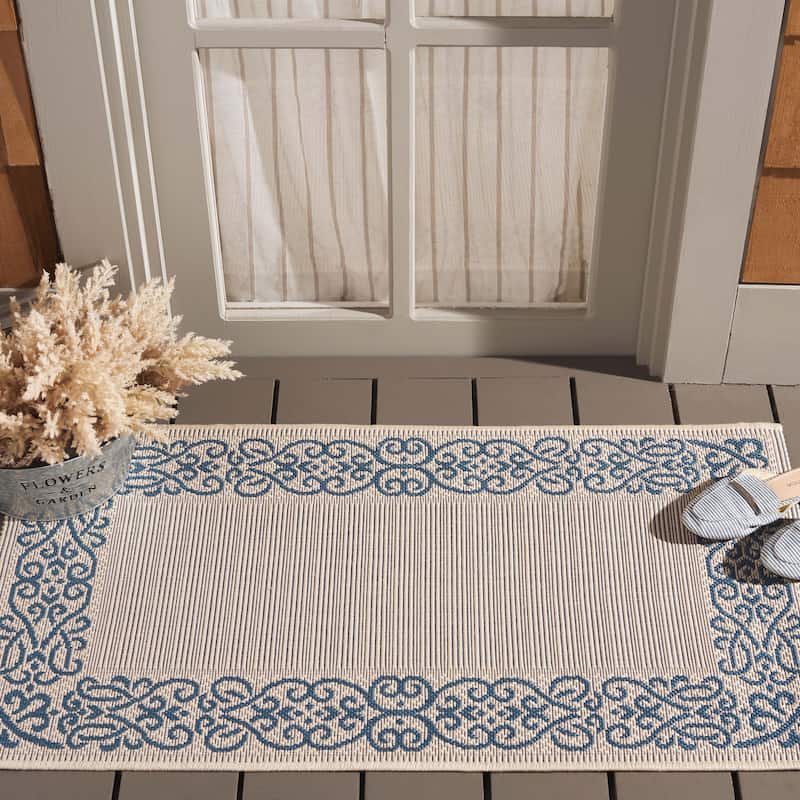 SAFAVIEH Courtyard Marylou Waterproof Patio Backyard Rug - 2' x 3'7" - Natural/Blue