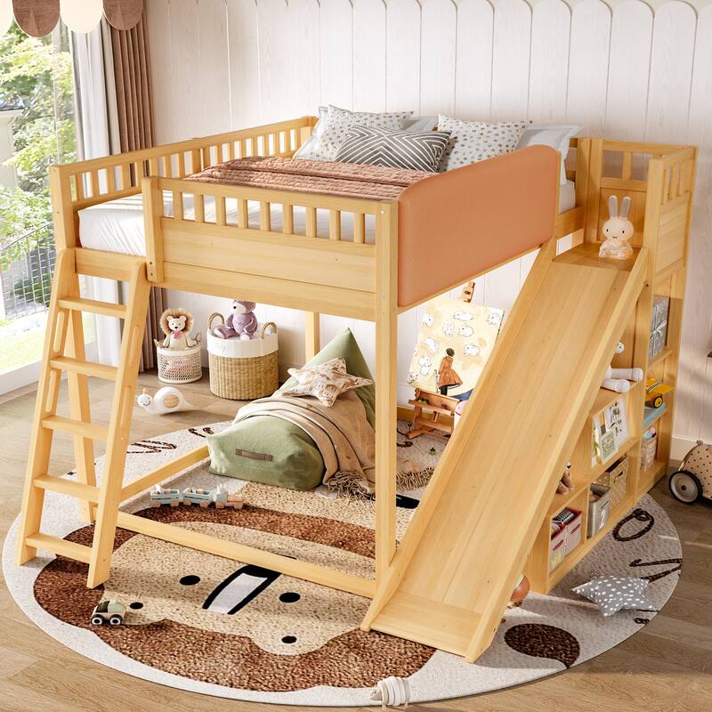 Full Size Loft Bed with Upholstered Headboard and Storage shelves, Complete with Ladder and Slide - Natural