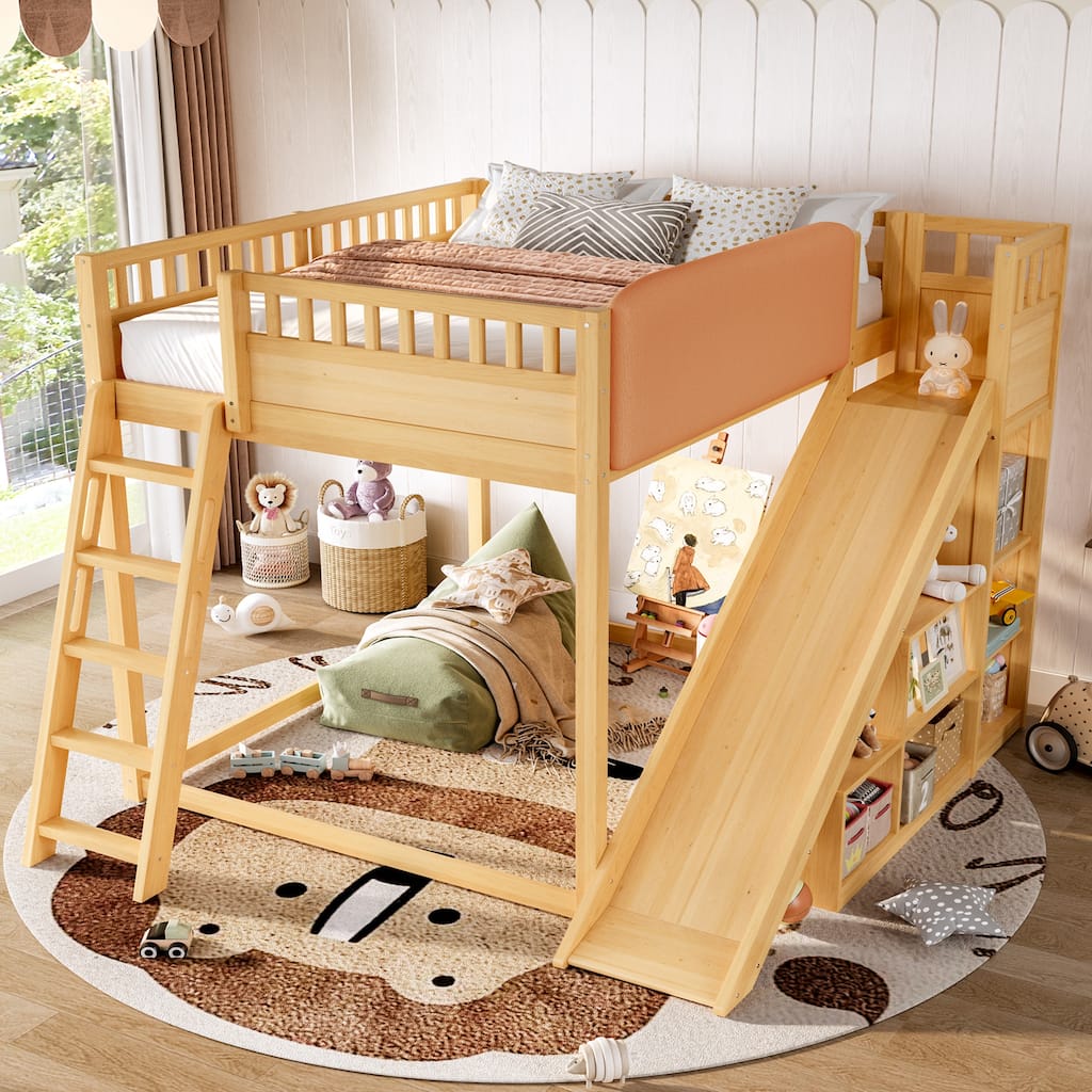 Queen/Full Loft Bed with Upholstered Headboard, Storage & Slide