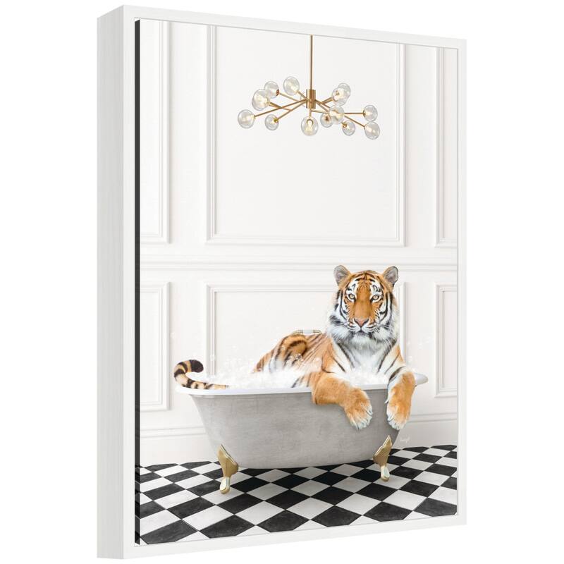 Kate and Laurel Sylvie Tiger in Gray Bathtub Checker Floor Framed Canvas by Amy Peterson - White