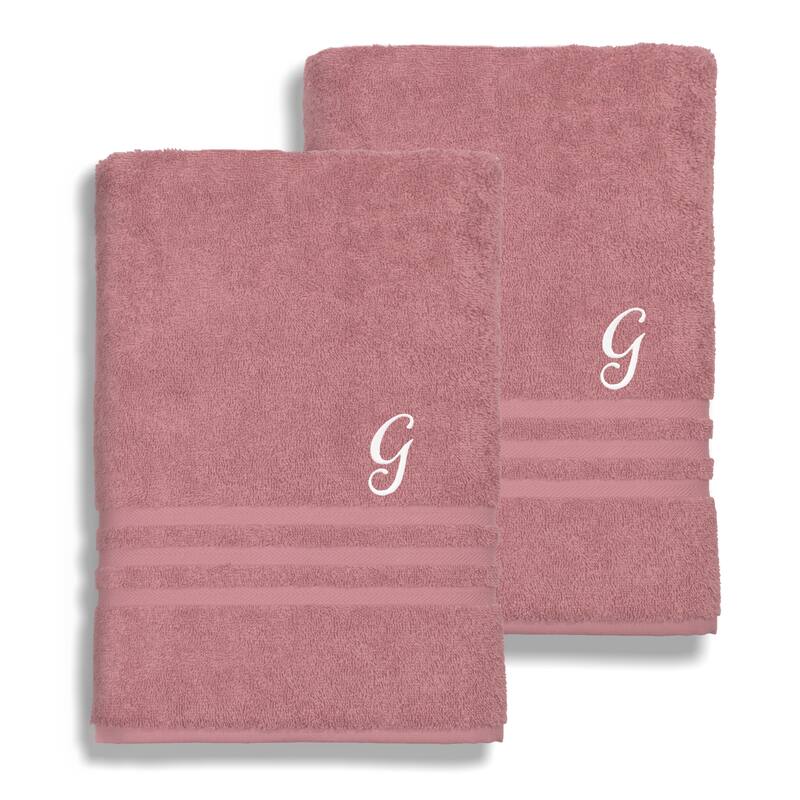 Authentic Hotel and Spa Omni Turkish Cotton Terry Set of 2 Tea Rose Bath Towels with White Script Monogrammed Initial - G