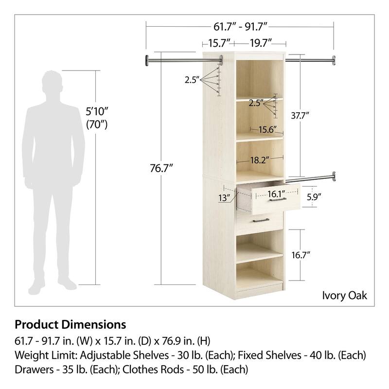 Anmytek Freestanding 5 Shelf 2 Drawer Closet Organizer with 3 Adjustable Hanging Rods Closet Storage System