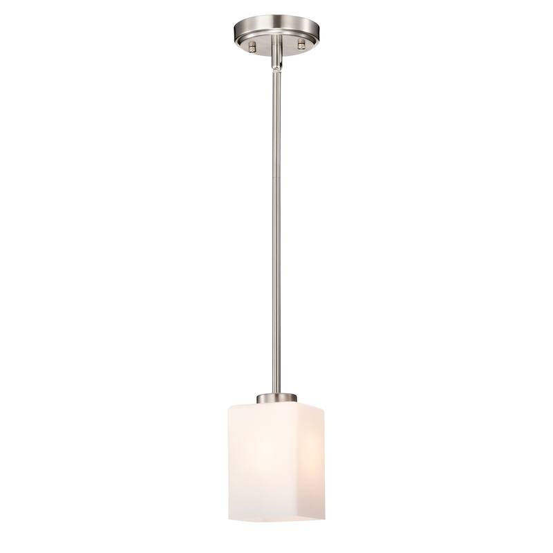 Brushed Nickel 1-Light Modern Mini Pendant with Pyramid Shaped Etched White Glass Shade