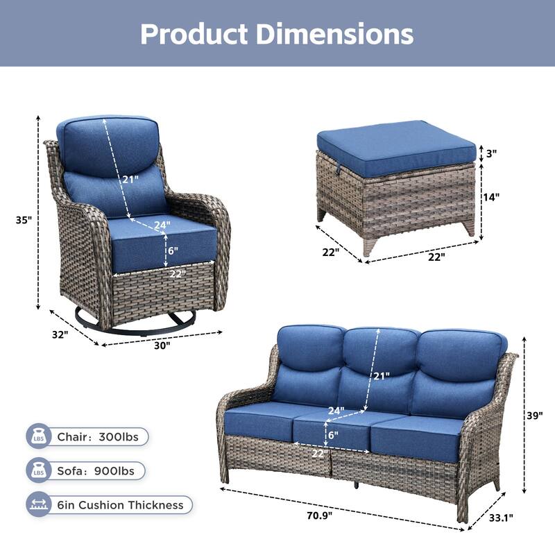 Arcadia 5-Piece Wicker Patio Conversation Set with Swivel Gliders and 6-Inch Thick Olefin Cushions