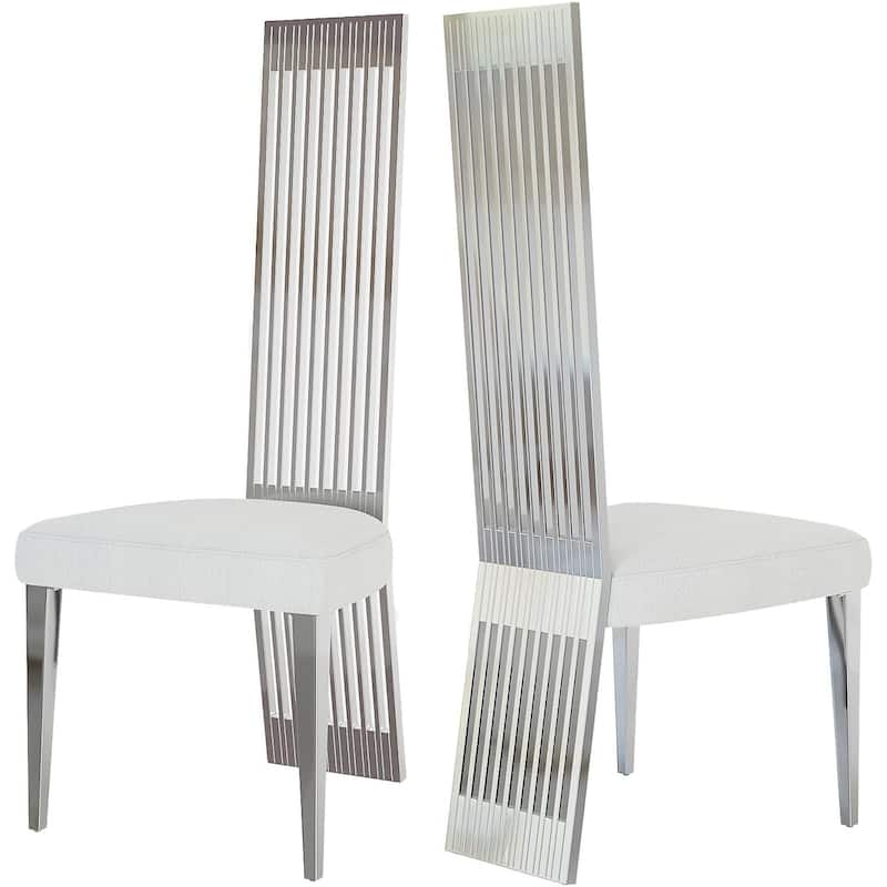 White Boucle and Silver Dining Chairs with Mirrored Silver Vertical Metal Tube Back - Set of 2