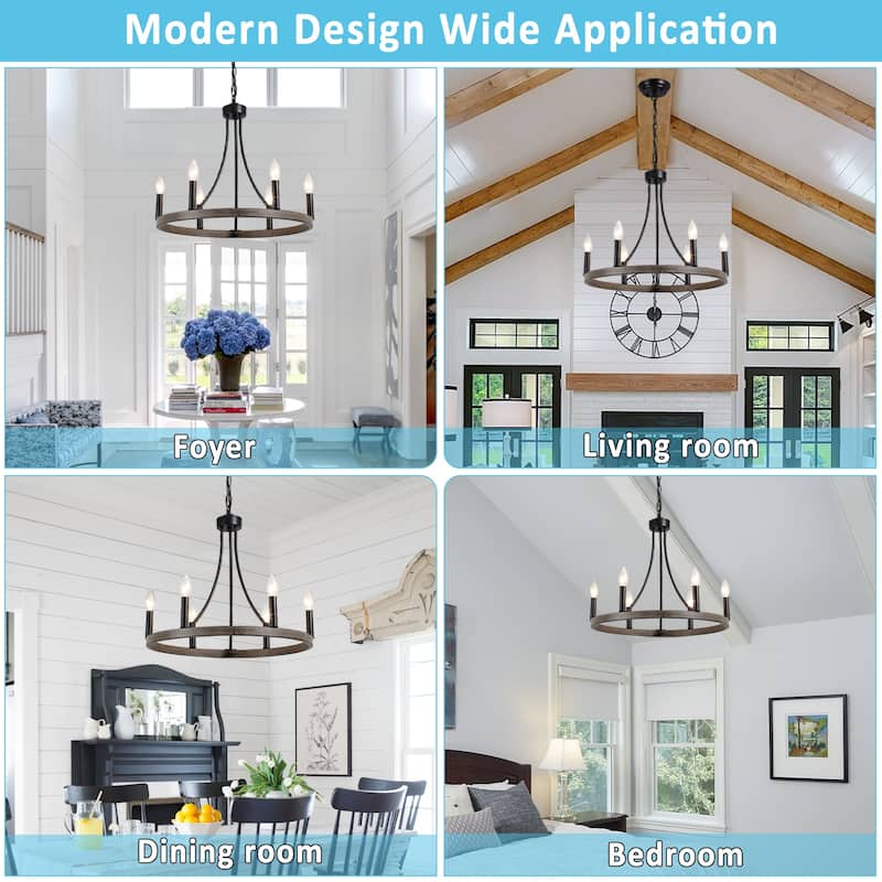 6-Light Farmhouse Chandelier, Modern Wagon Wheel Chandelier for Dining Room Living Room Bedroom Kitchen