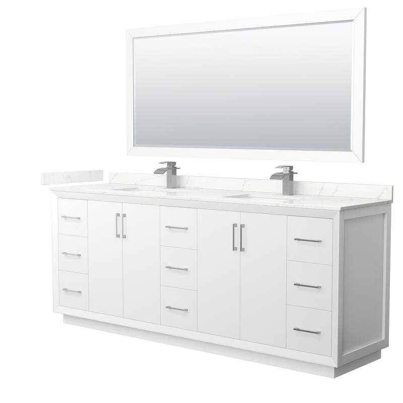 Strada 84-inch Double Vanity, Quartz Top, 70-inch Mirror - White, Nickel Trim, Giotto Quartz Top