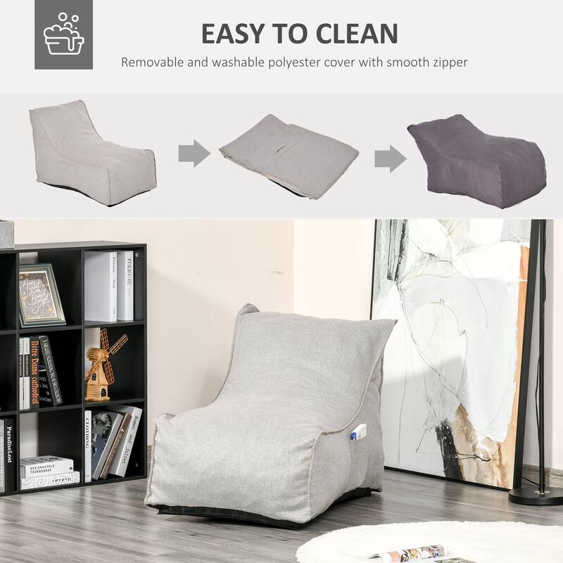 HOMCOM Bean Bag Chair, Large Foam Stuffed lounger Indoor Furniture with Washable Cover, Side Pockets and Backrest, Grey