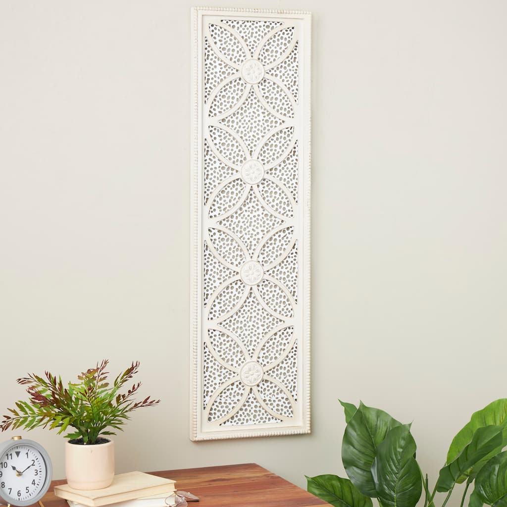 White Wooden Panel Floral Home Wall Decor with Cutout Metal Backing and Beaded Frame
