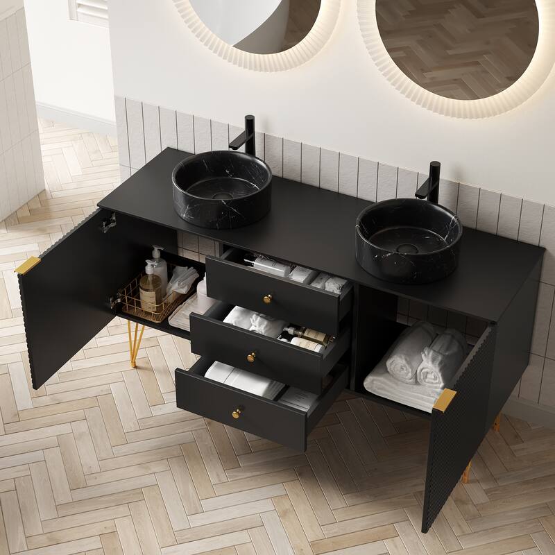 GDFStudio - Gema 60" Freestanding Bathroom Vanity with Double Stone Pattern Ceramic Vessel Sinks & Sintered Stone Countertop - Black