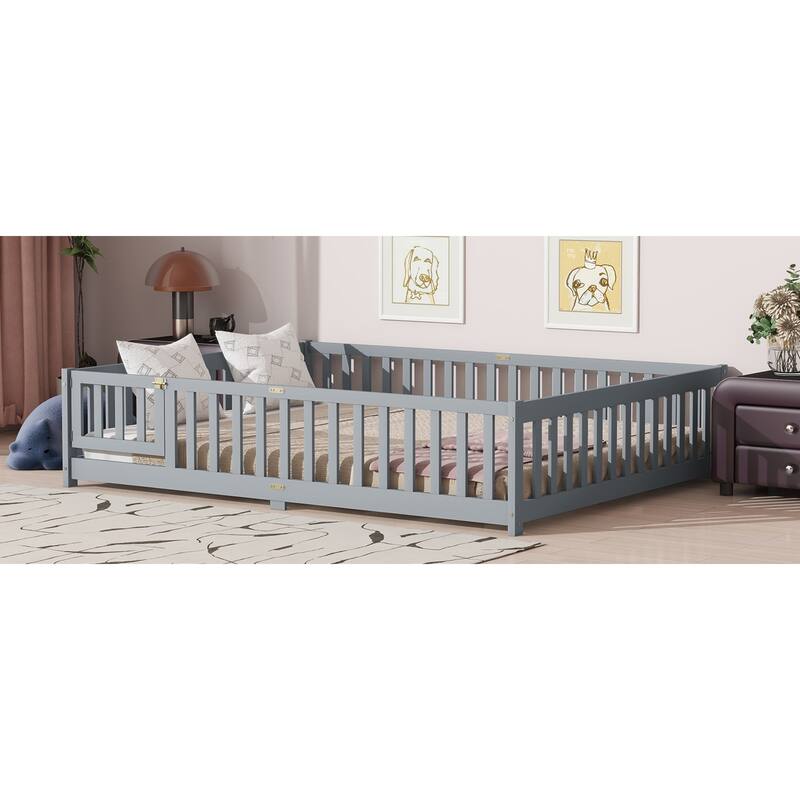 Roomfitters Twin/Full/Queen Rubber Wood Floor Bed with Fence and Swing Door, Safety Guardrails, Low Profile Design