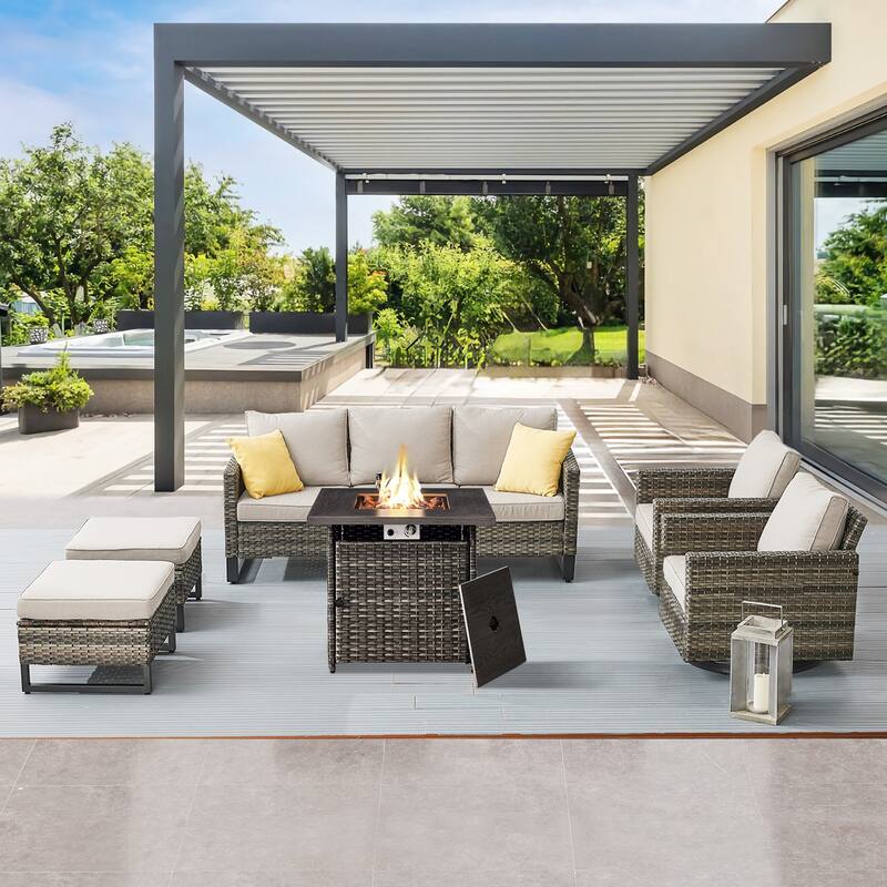 Gymojoy Outdoor Fire Pit Conversation Set, Patio Furniture with Cushions - 6 PCS - Sofa & Swivel Chair & Ottomans & Fire Pit - Grey Wicker / Beige Cusion
