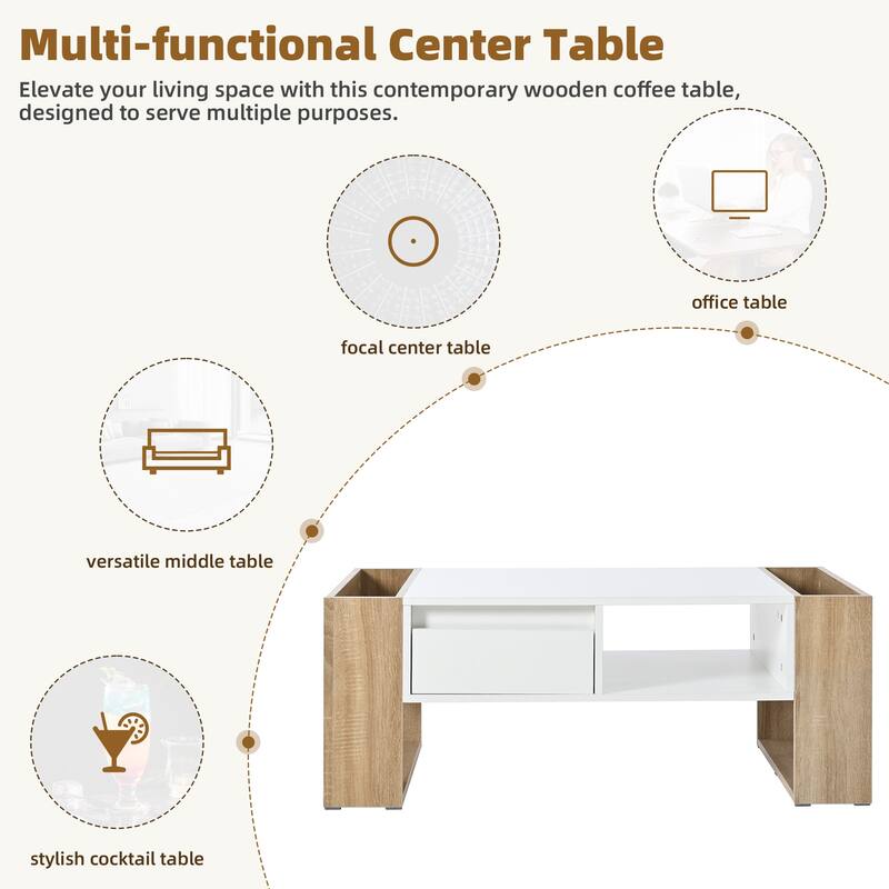 High Glossy Coffee Table Lounges Center Table with 2 Drawers, Storage Legs, Rectangle Wood Cocktail Table for Living Rooms