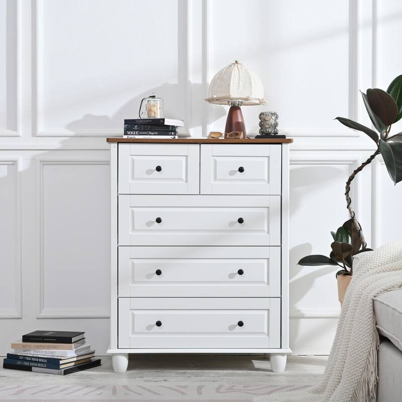 White Dresser with 5 Tall Chest of Drawers with Deep Space, Wood Storage Cabinet