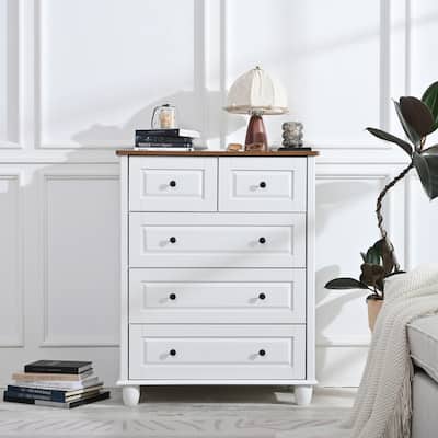 White Dresser with 5 Tall Chest of Drawers with Deep Space, Wood Storage Cabinet