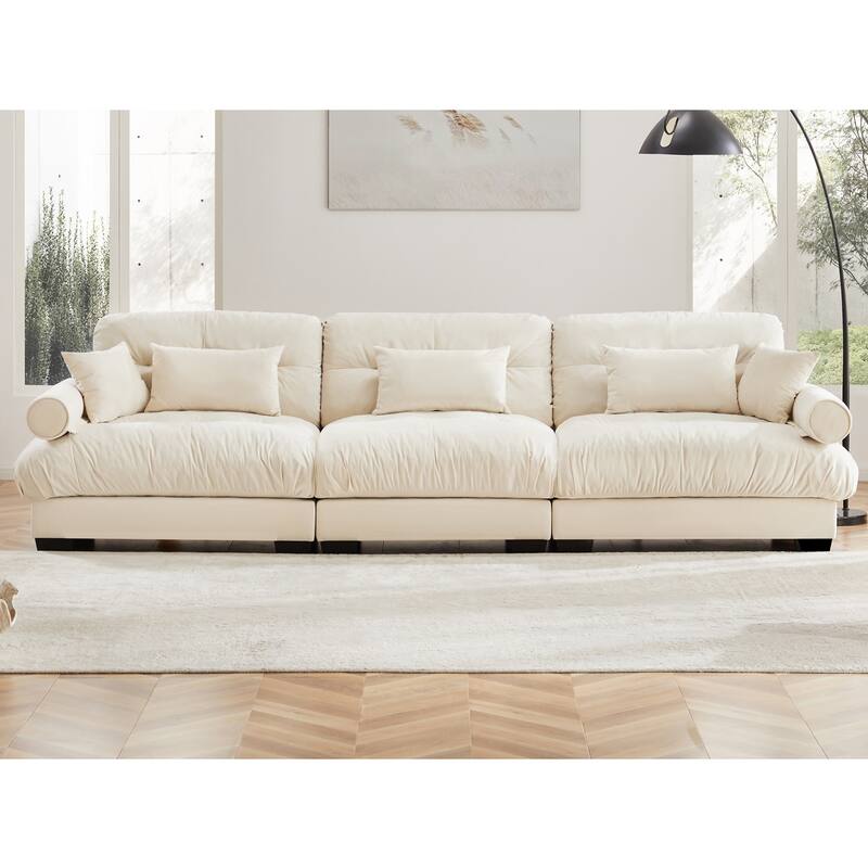 Modern Sectional Couch Comfortable Upholstered Sofa Set with Lumbar Pillow and Throw Pillow for Living Room - 3 Seats - Cream