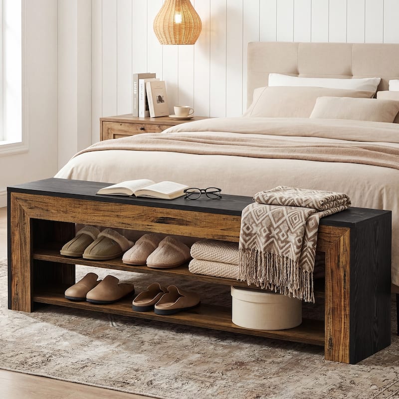 63" Entryway Bench with Shoe Storage, Wooden 3-tier Shoe Rack Bench