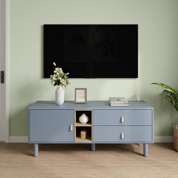 tv dressoir modern Marnur 55 inch TV Stand for 60 inch TV, Wood Entertainment Center with Storage and Shelves, 2 Sliding Tambour Doors, Mid-Century Modern, Black, Size: