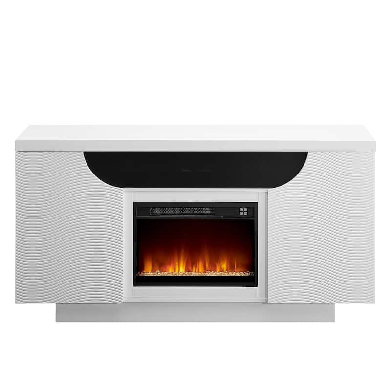 66" White Ribbed Wood Electric Storage Cabinet Fireplace With LED And Speaker