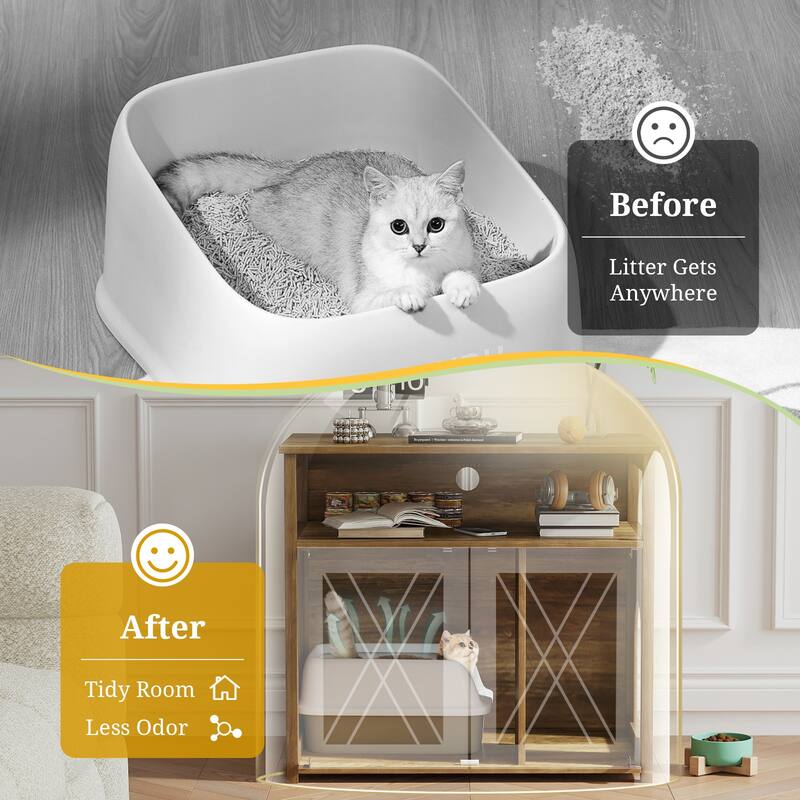 Cat Litter Box Enclosure with Double Barn Doors Divider Side Entry and Storage Shelf