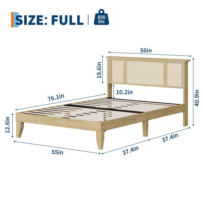 Boho Rattan Headboard Bed Frame with Under-Bed Storage, Sturdy Steel Base & Wooden Slats, No Box Spring Needed - No drawers - Full