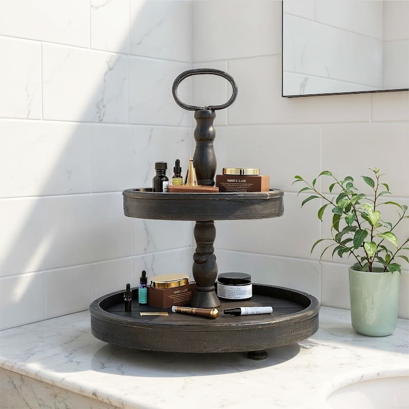 Distressed Wood 2-Tier Tray with Metal Handle