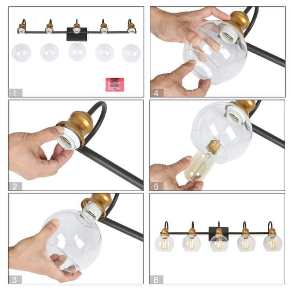 dimension image slide 5 of 6, Olia Modern Black Gold 3/4/5-Light Bathroom Vanity Light Globe Glass Wall Sconce