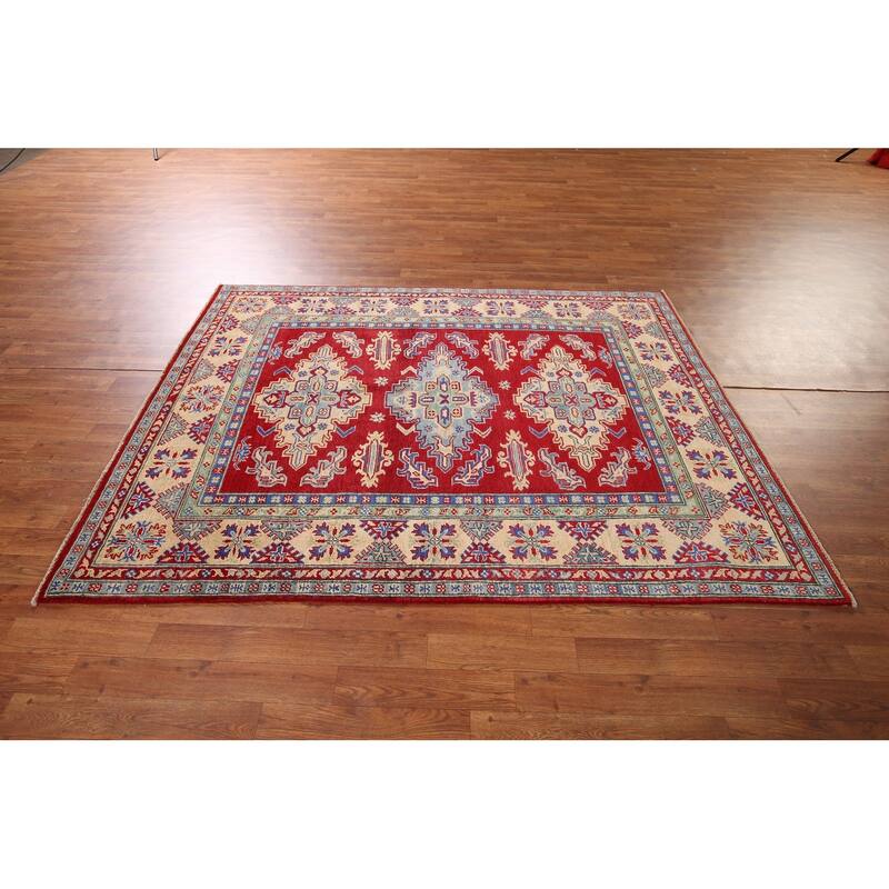 Geometric Red Kazak Rug Handmade Oriental Wool Carpet - 5'1" x 6'9"