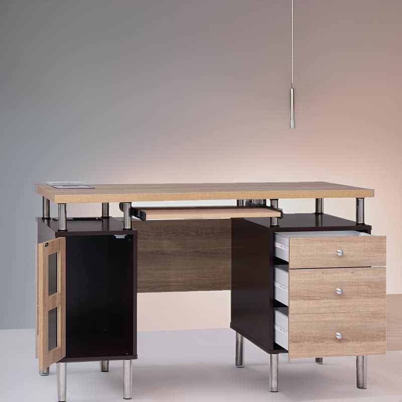 3-Drawer Filing Cabinet, Two-Tone Office Desk Power Outlets & USB Ports – Includes 3 Drawers and 1 Storage Cabinet