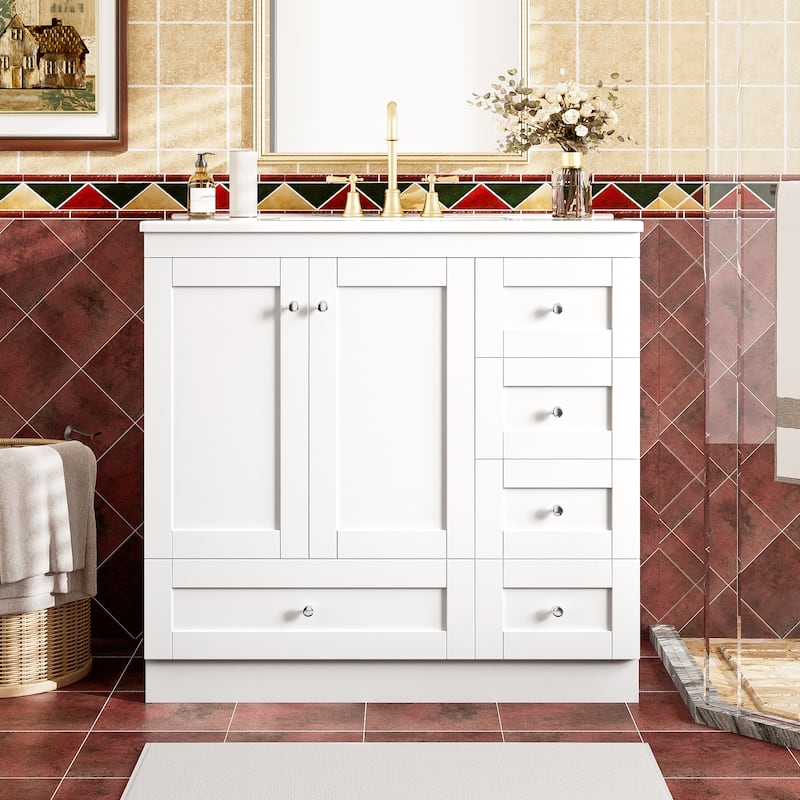 Bathroom Vanity with Ceramic Sink, Free-Standing Wooden Bathroom Cabinet, Storage Cabinet with 4 Drawers & 2 Soft Closing Doors - White