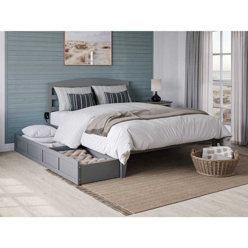 Vintage Platform Bed with Drawers, Queen Size Bed Frame, Grey Finish, Modern Style Bedroom Furniture