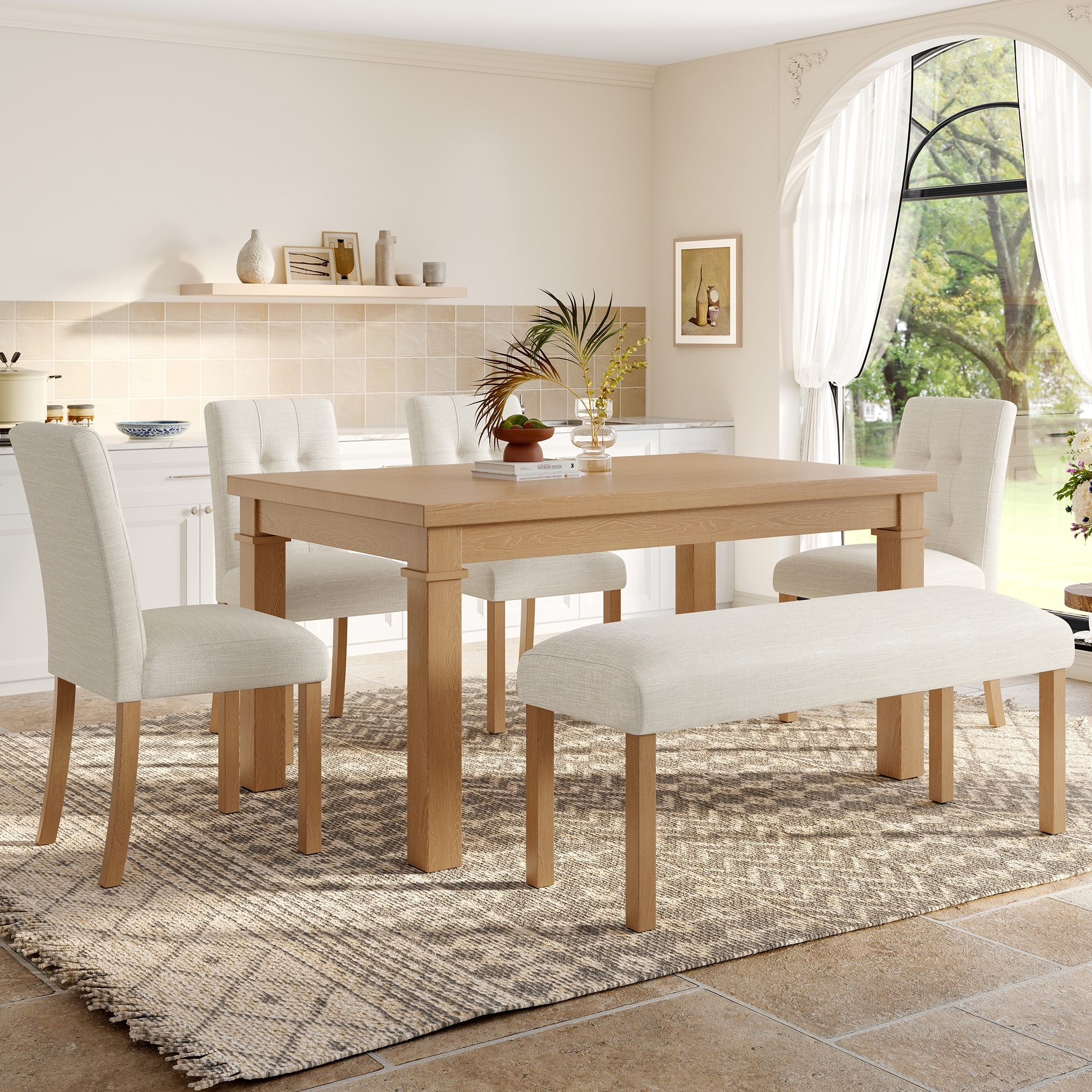 6-Piece Modern Dining Set, Rectangle Kitchen Table with 4 Upholstered Chairs & Bench, Ideal for Dining Room and Living Room