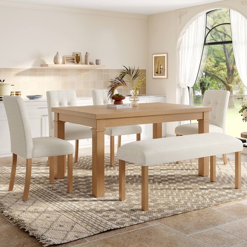 6 Piece Solid Wood Dining Table Set with Rectangle Dining Table, 4 Upholstered Chairs and 1 Bench for Dining Room