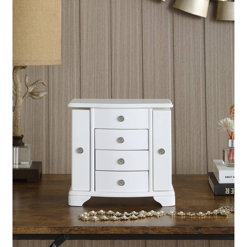 White Jewelry Box with Pink Velvet Lining，4 layer jewelry organizer box and attached 2 side doors - White