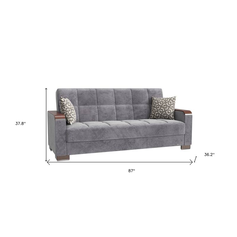 HomeRoots 87" Gray Microfiber Convertible Futon Sleeper Sofa And Toss Pillows With Storage