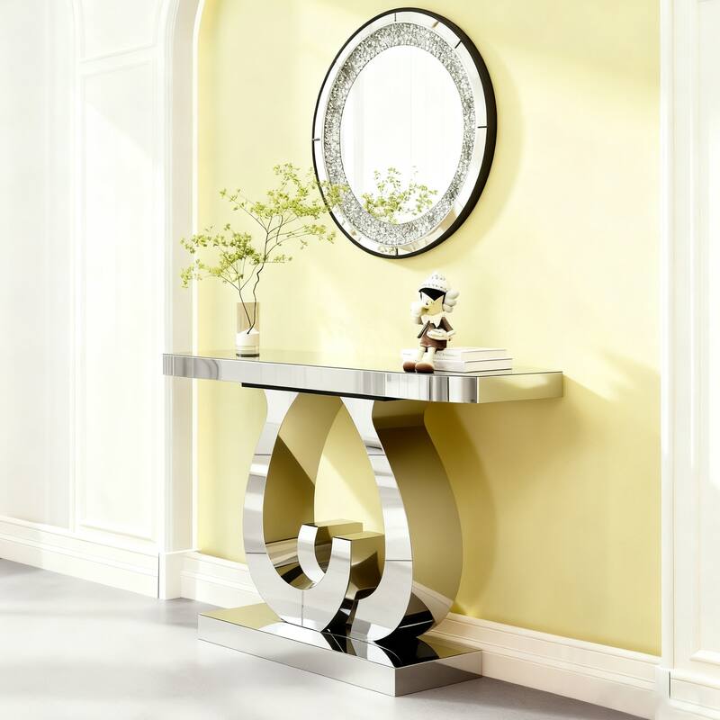 Modern Mirrored 39.37" Console Table, Glass Sofa Table with C-Shaped Base for Stylish Living Room Decor