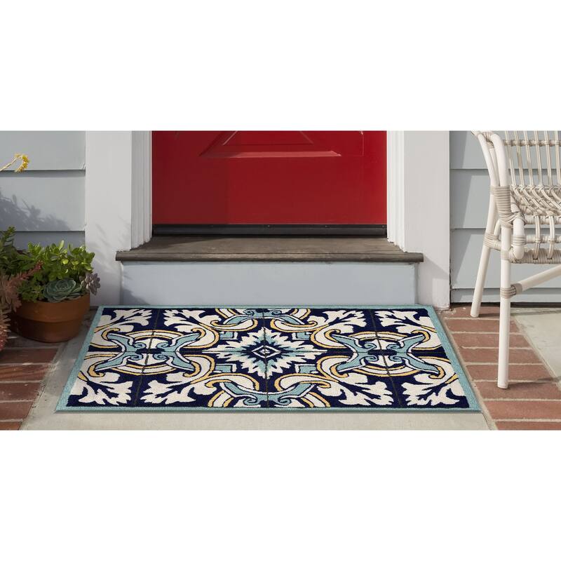 Liora Manne Ravella Floral Tile Indoor/Outdoor Rug Navy 7'6" x 9'6"