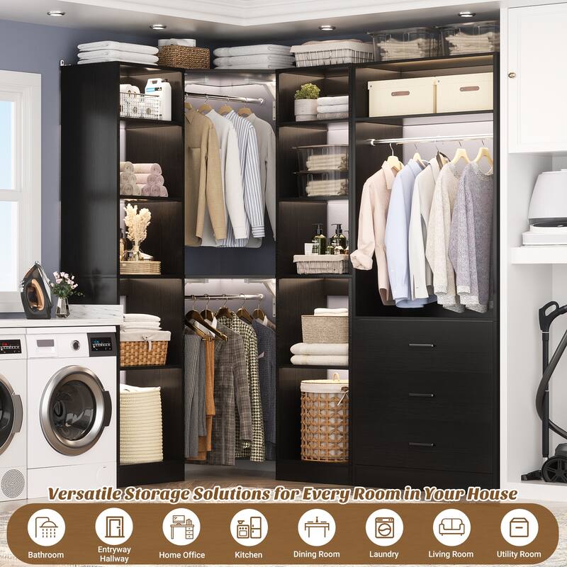 Kyrvo 63.2'' W Set of 2 Freestanding Corner Closet System with 3 Wood Drawers and 3 Hanging Rods for Walk-in/Reach-in Closet