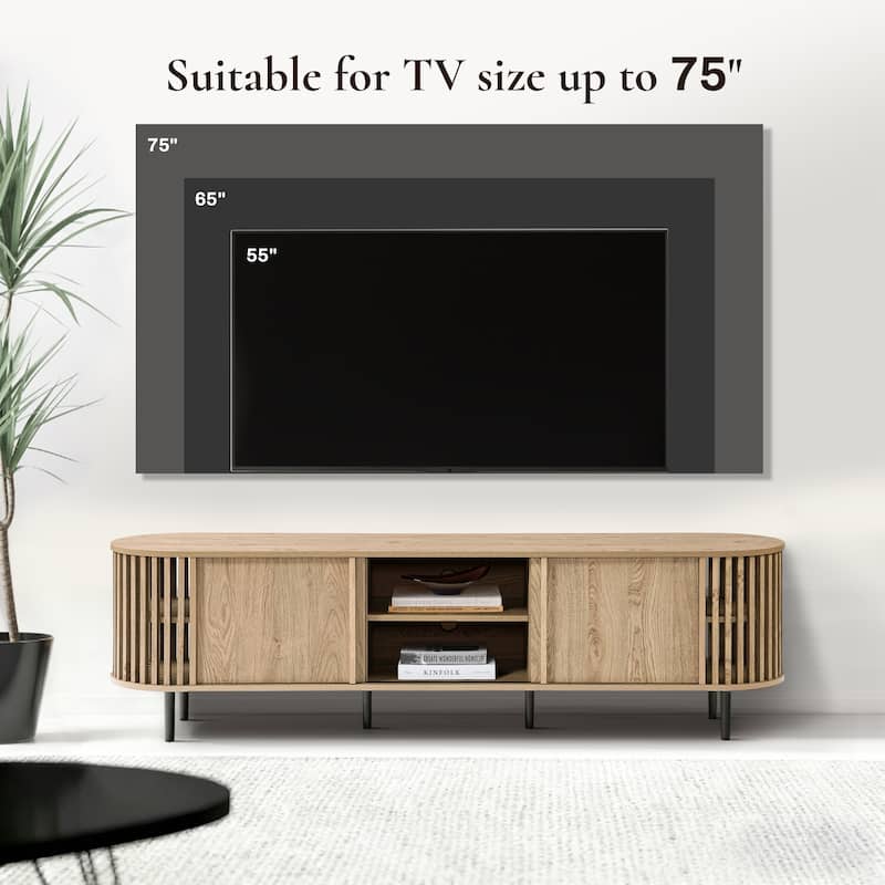 Light Oak Finish Engineered Wood 2-Door and Open Storage TV Console - 70.87" W