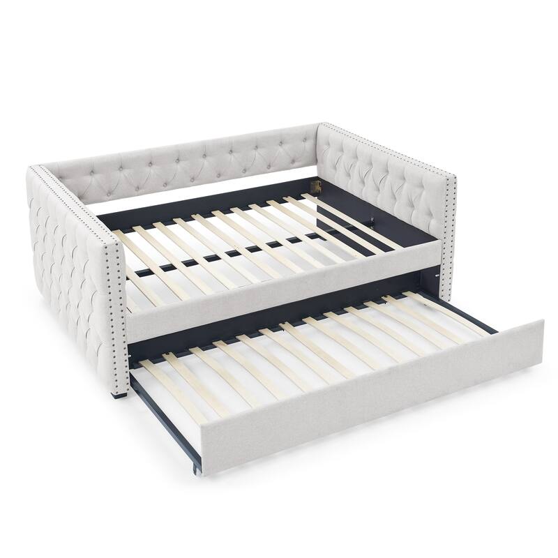Beige Full Size Upholstered Tufted Daybed with Button and Copper Nail on Square Arms for Bedroom